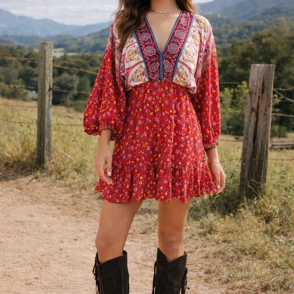 Boho Floral Mini Dress | Festival Prairie Western Medium/Cottagecore - Picture 1 of 9